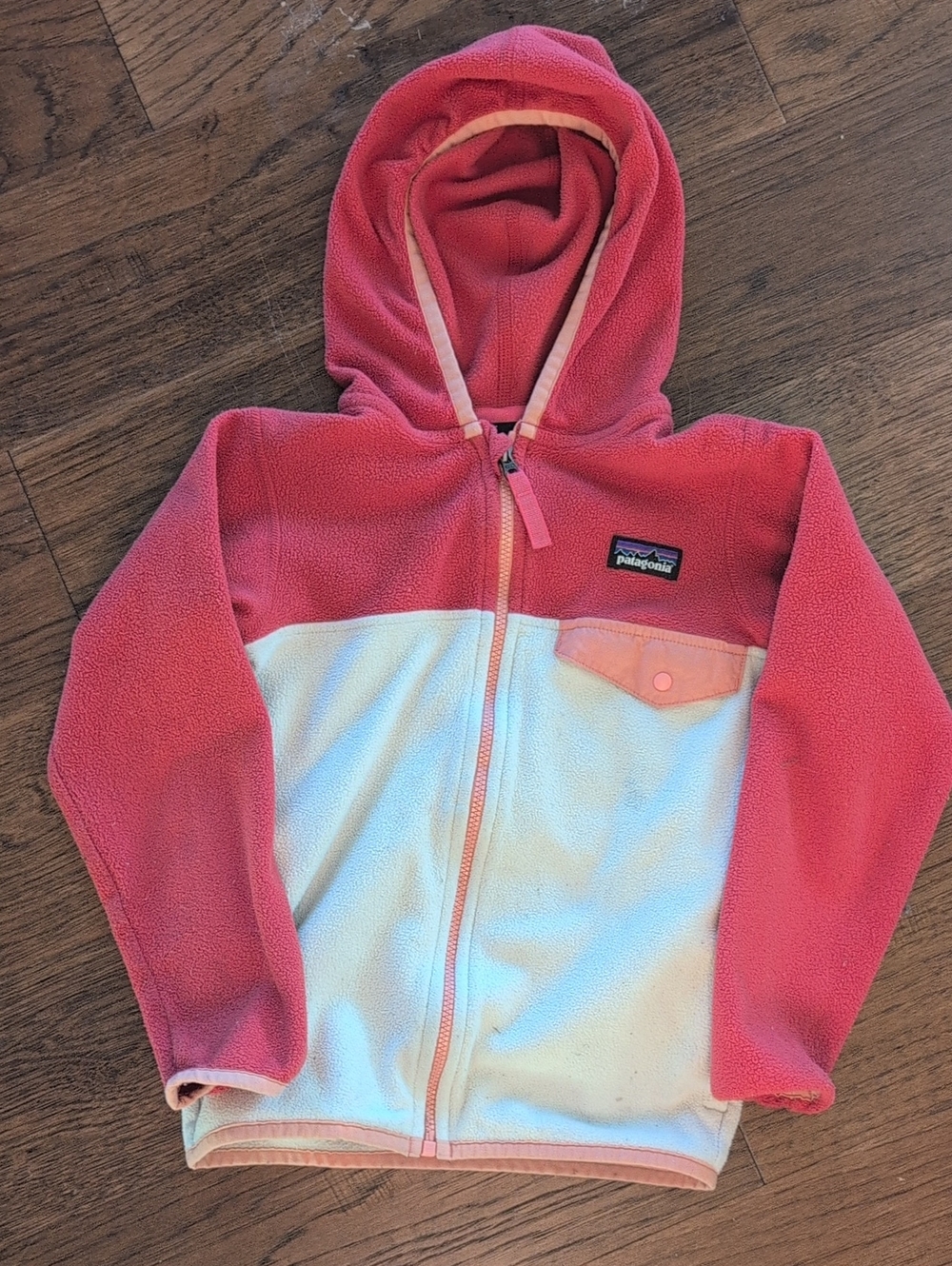 Patagonia Girls Pink and Cream Hooded Colorblock Fleece Jacket